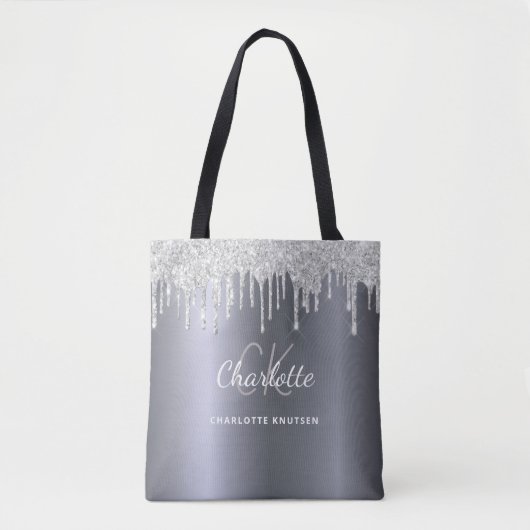 Silver glitter druppelt monogram initialen tote bag (Voorkant)