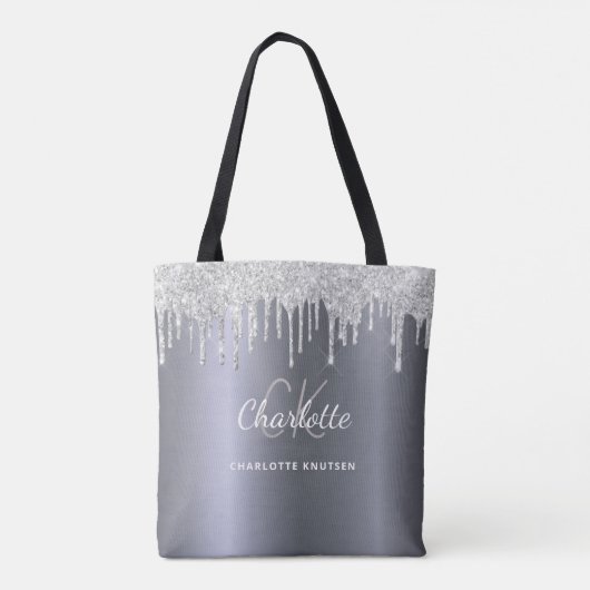 Silver glitter druppelt monogram initialen tote bag (Achterkant)