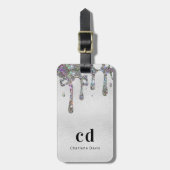 Silver glitter druppelt monogram naam bagagelabel (Voorkant verticaal)