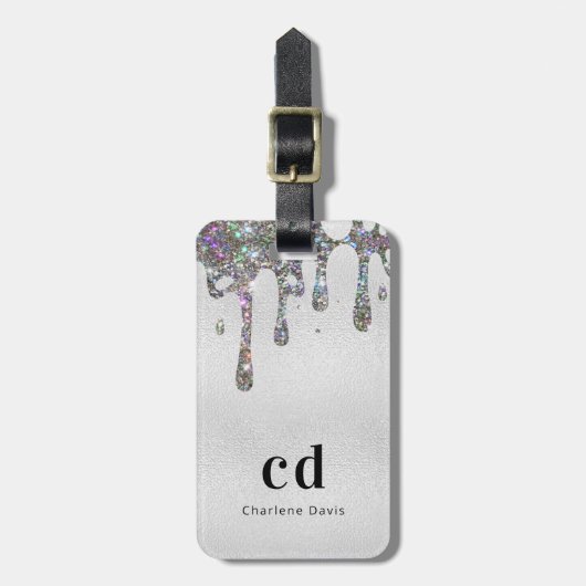 Silver glitter druppelt monogram naam bagagelabel (Voorkant verticaal)