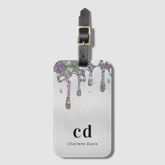 Silver glitter druppelt monogram naam bagagelabel (Voorkant (verticaal))