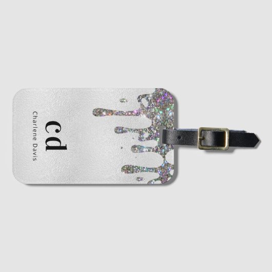 Silver glitter druppelt monogram naam bagagelabel (Voorkant (horizontaal))