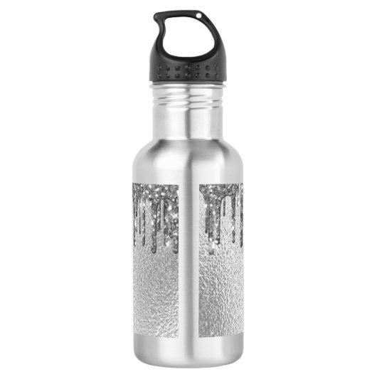Silver glitter druppelt monogram naam waterfles (Achterkant)
