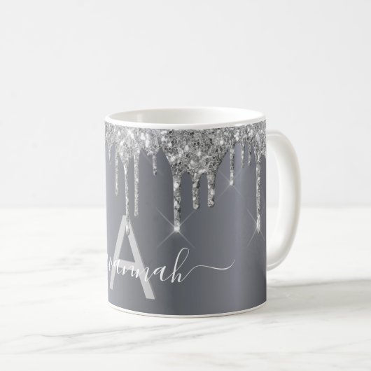 Silver glitter druppelt monogram naamscript koffiemok (Voorkant rechts)