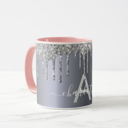 Silver glitter druppelt monogram naamscript mok (Voorkant links)