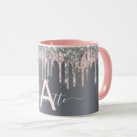 Silver glitter druppelt monogram roze naamscript mok (Voorkant rechts)