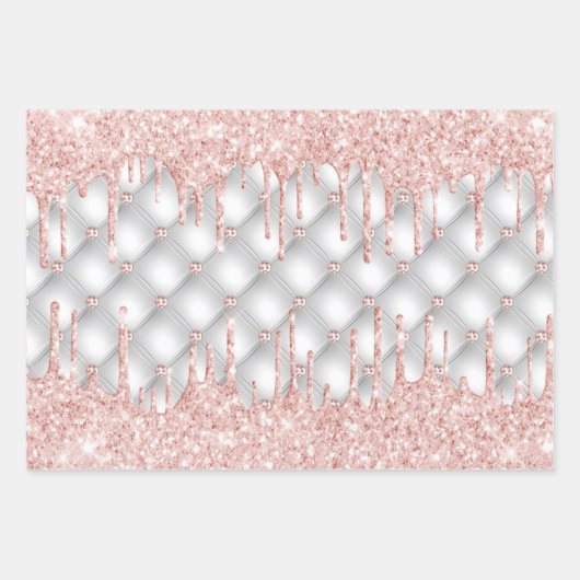 Silver glitter druppelt roos gouden roze luxe inpakpapier vel (Voorkant)