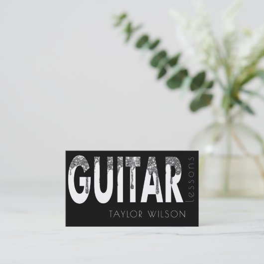 Silver Glitter Druppelt Script Gitaar Leraar Visitekaartje (Staand voorkant)