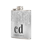 Silver glitter druppelt zwarte monogram naam heupfles (Links)