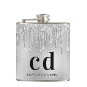 Silver glitter druppelt zwarte monogram naam heupfles (Voorkant)
