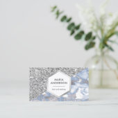 Silver Glitter Dusty Blue Marble Makeup Artist Visitekaartje (Staand voorkant)