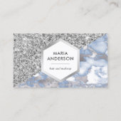 Silver Glitter Dusty Blue Marble Makeup Artist Visitekaartje (Voorkant)