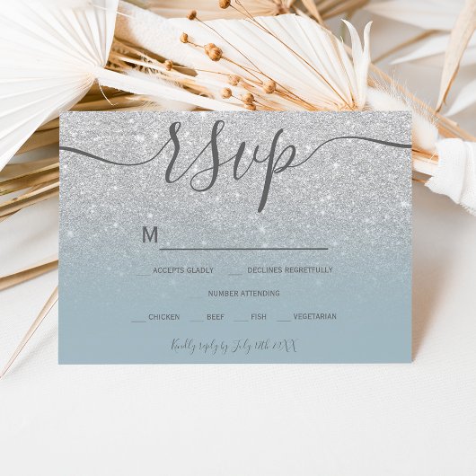 Silver glitter dusty blue script chic rsvp