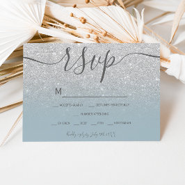 Silver glitter dusty blue script chic rsvp kaartje