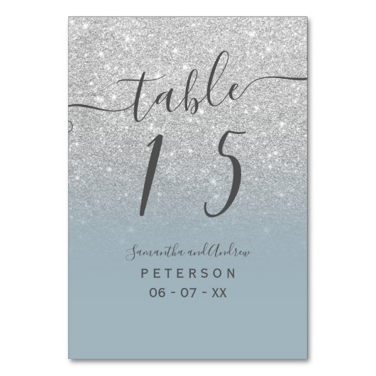 Silver glitter dusty blue script trouwtafel kaart (Voorkant)