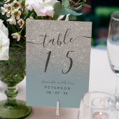 Silver glitter dusty blue script trouwtafel kaart