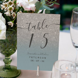 Silver glitter dusty blue script trouwtafel kaart