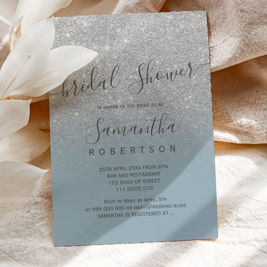 Silver glitter dusty blue script vrijgezellenfeest kaart