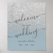 Silver glitter dusty blue script welkom poster (Voorkant)