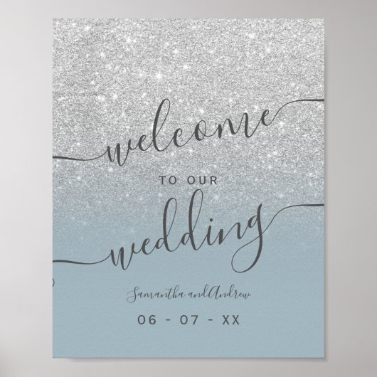 Silver glitter dusty blue script welkom poster (Voorkant)