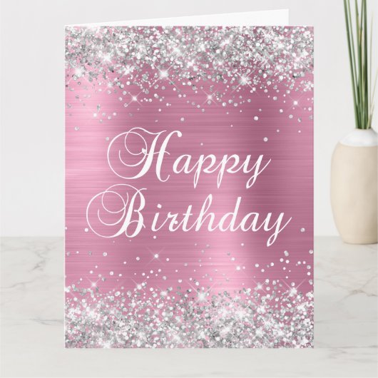 Silver Glitter Dusty Pink Big Happy Birthday Kaart (Voorkant)