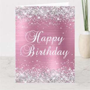 Silver Glitter Dusty Pink Big Happy Birthday Kaart