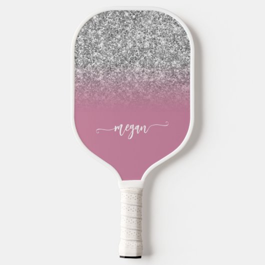 Silver Glitter Dusty Pink Ombre Modern Script Pickleball Paddle (Achterkant)