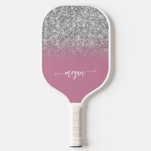 Silver Glitter Dusty Pink Ombre Modern Script Pickleball Paddle (Voorkant)