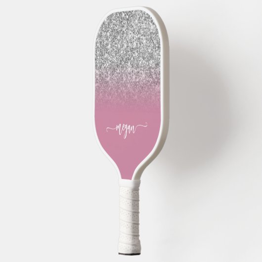 Silver Glitter Dusty Pink Ombre Modern Script Pickleball Paddle (Links)