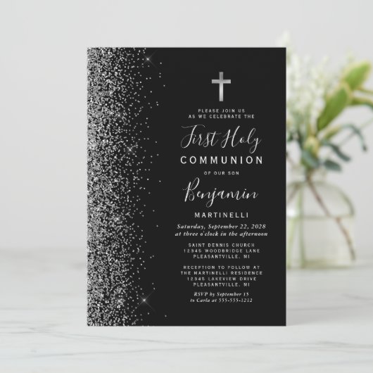 Silver Glitter Edge Black First Heilige Communie Kaart (Staand voorkant)