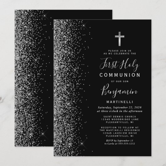 Silver Glitter Edge Black First Heilige Communie Kaart (Voorkant / Achterkant)