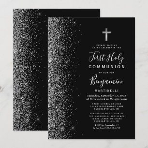 Silver Glitter Edge Black First Heilige Communie Kaart