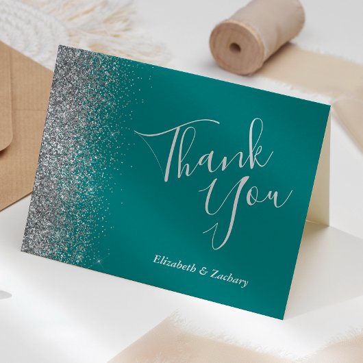 Silver Glitter Edge Blauwgroen Blauw Bruiloft Dank Kaart