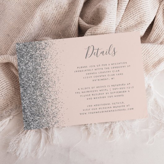 Silver Glitter Edge Blush Pink Wedding Details Informatiekaartje