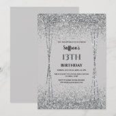 Silver Glitter Effect Birthday Party Invitation Kaart (Voorkant / Achterkant)