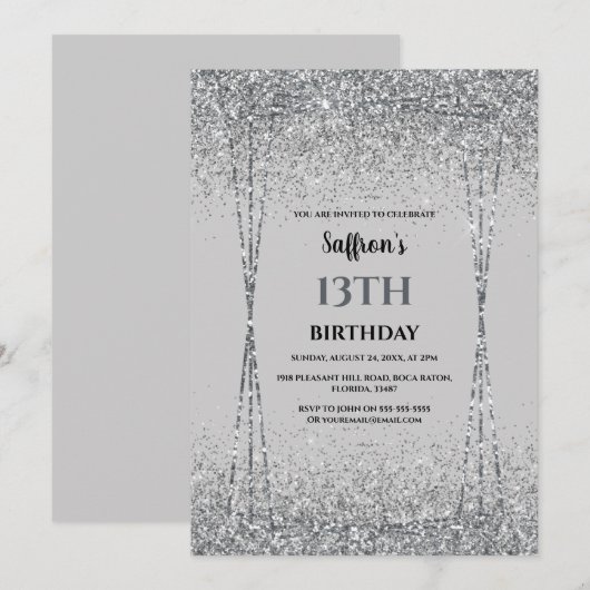 Silver Glitter Effect Birthday Party Invitation Kaart (Voorkant / Achterkant)