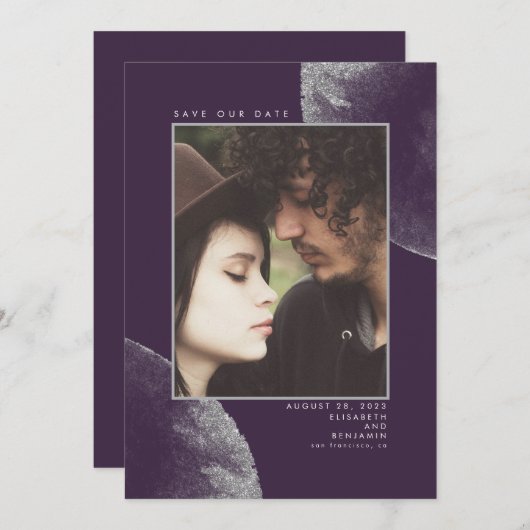 Silver Glitter Eggplant Paars Save the Date Photo (Voorkant / Achterkant)