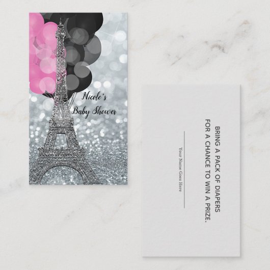 Silver Glitter Eiffel Baby shower Luier Raffle Informatiekaartje (Voorkant / Achterkant)