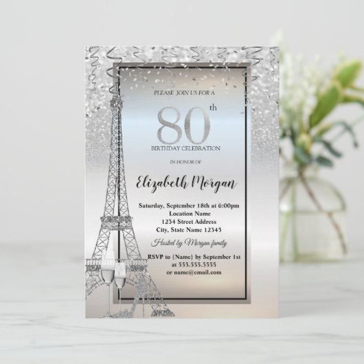Silver Glitter Eiffel Tower,Glass,Heels 80th Kaart (Staand voorkant)