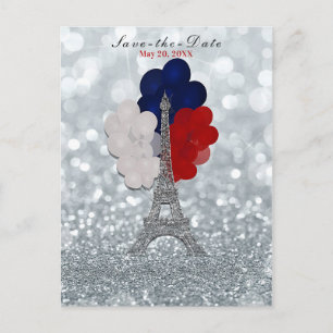 Silver Glitter Eiffel Tower Red Blue Save the Date Aankondigingskaart