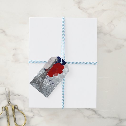 Silver Glitter Eiffel Tower Red White! Cadeaulabel (Met Touw)