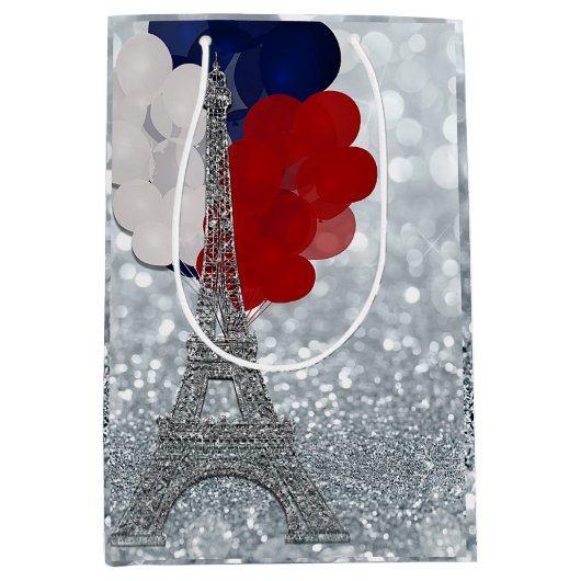 Silver Glitter Eiffel Tower Red White! Medium Cadeauzakje (Voorkant)