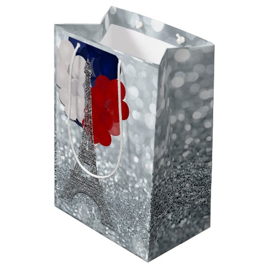 Silver Glitter Eiffel Tower Red White! Medium Cadeauzakje (Achterkant Gekanteld)