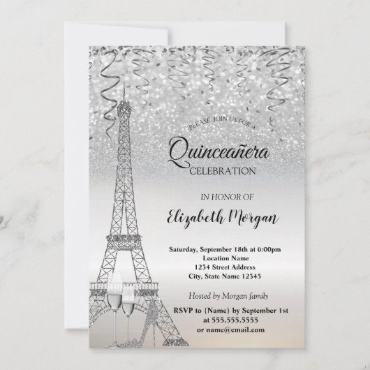 Silver Glitter Eiffeltoren, Hiel, Glass Quinceañer Kaart (Voorkant)