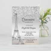 Silver Glitter Eiffeltoren, Hiel, Glass Quinceañer Kaart (Staand voorkant)