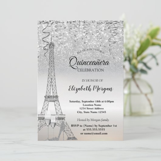 Silver Glitter Eiffeltoren, Hiel, Glass Quinceañer Kaart (Staand voorkant)