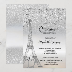 Silver Glitter Eiffeltoren, Hiel, Glass Quinceañer Kaart