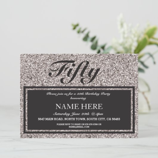Silver Glitter Elegant Birthday Any Age Uitnodigin Kaart (Staand voorkant)