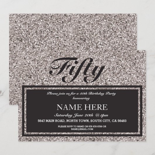 Silver Glitter Elegant Birthday Any Age Uitnodigin Kaart (Voorkant / Achterkant)