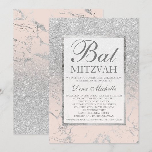 SIlver glitter elegant blush marble Bat Mitzvah Kaart (Voorkant / Achterkant)